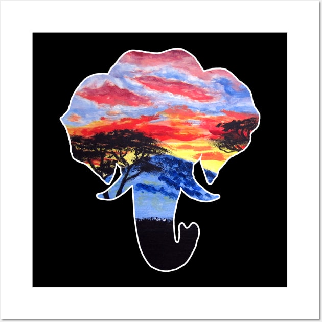 African Sunset Landscape Elephant Pattern Wall Art by IvyLilyArt